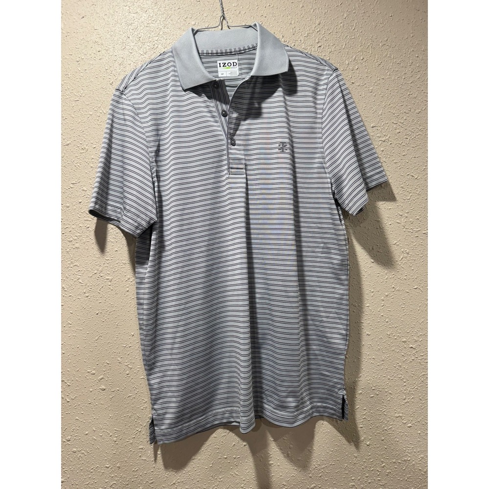 IZOD Golf Mens Small Gray Black Striped Short Sleeve Performance Polo Shirt
